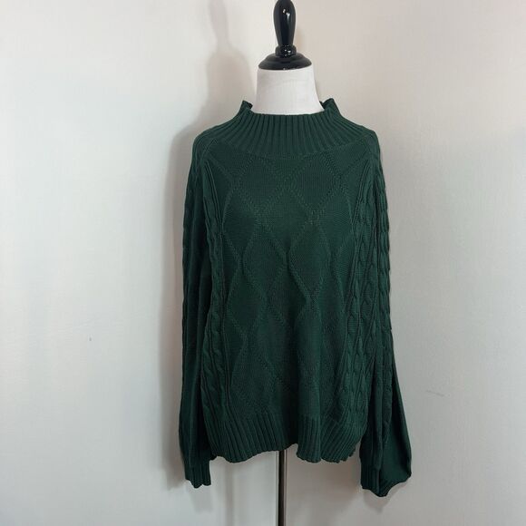 CHOLES Vestidos - Green - Cable Knit Sweater - Drop Sleeve - Mock Turtle Neck L - Picture 1 of 13
